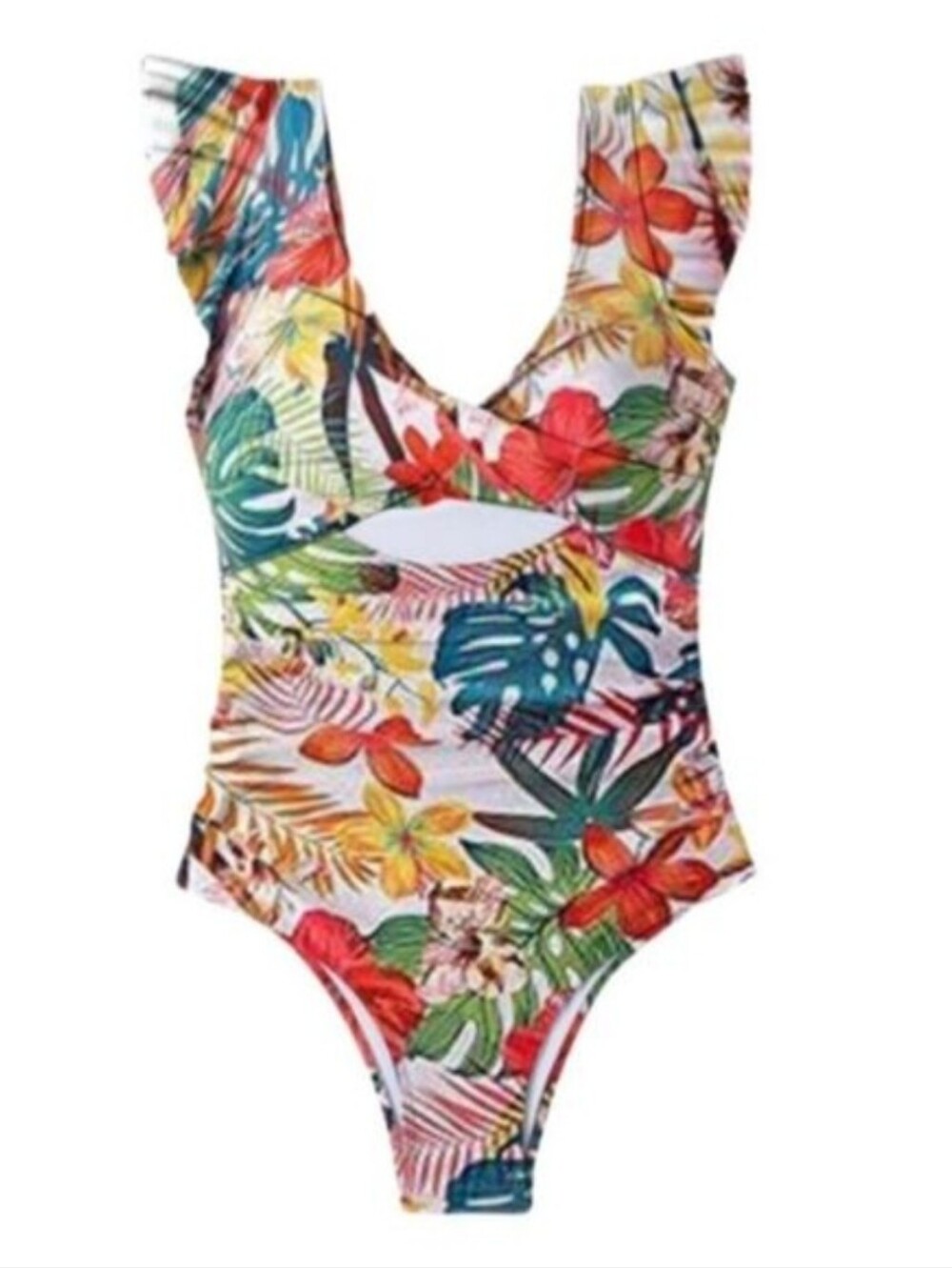 TROPICAL PRINT ONE PIECE MONOKINI RUFFLE SHOULDER RUCHED SWIMSUIT SIZE XL NWT - Picture 2 of 13